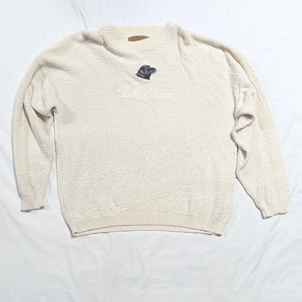Vintage Field & Stream Mens XL Cotton Knit Sweater Cream Black Lab Dog USA Made
